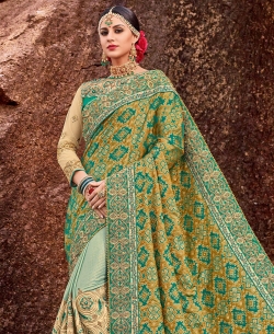 Green Two Tone Silk Jacquard Embroidery Half And Half Sarees