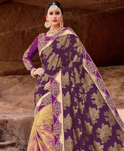 Dark Magenta Two Tone Silk Jacquard Embroidery Half And Half Sarees