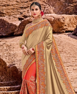 Golden Two Tone Silk Jacquard Embroidery Half And Half Sarees