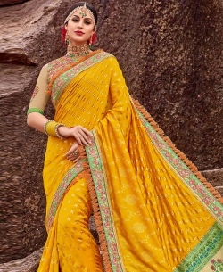 Yellow Two Tone Silk Jacquard Embroidery Designer Sarees