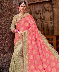 Pink Sparkle Lycra Embroidery Half And Half Sarees