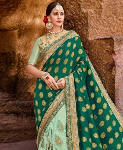 Green Sparkle Lycra Embroidery Half And Half Sarees