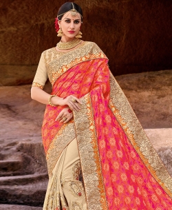 Pink Sparkle Lycra Embroidery Half And Half Sarees