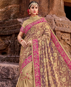 Beige Sparkle Lycra Embroidery Half And Half Sarees