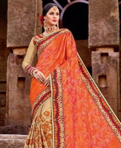 Orange Sparkle Lycra Embroidery Half And Half Sarees