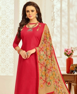 Dark Pink Cotton Border Work Straight Suits
