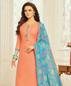 Peach Cotton Border Work Straight Suits