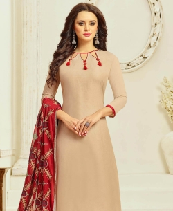 Beige Cotton Border Work Straight Suits