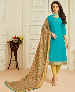 Blue Cotton Border Work Straight Suits
