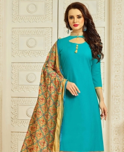 Blue Cotton Border Work Straight Suits