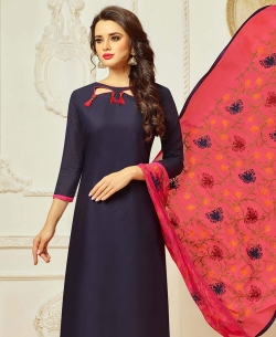 Navy Blue Cotton Border Work Straight Suits