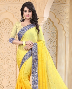 Yellow Jacquard Embroidery Designer Sarees