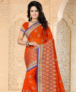 Orange Georgette Embroidery Designer Sarees