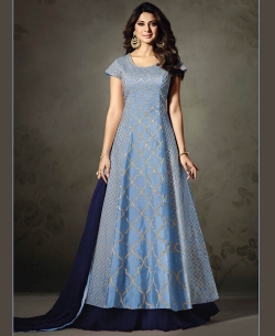 Sky Blue Silk Embroidery Long Choli Lehengas