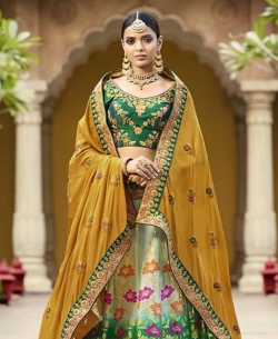 Green Silk Embroidery A Line Lehengas