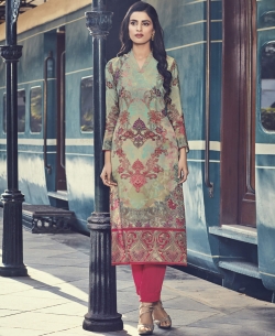 Light Green Cotton Satin Printed Straight Cut Kurtis