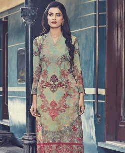 Light Green Cotton Satin Printed Straight Cut Kurtis