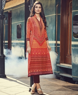 Orange Cotton Satin Printed Straight Cut Kurtis