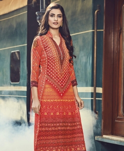 Orange Cotton Satin Printed Straight Cut Kurtis