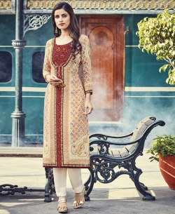 Cream Cotton Satin Printed Straight Cut Kurtis
