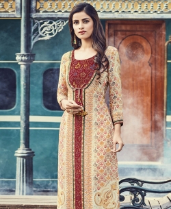 Cream Cotton Satin Printed Straight Cut Kurtis