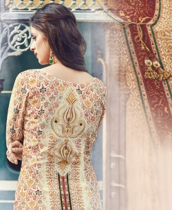 Cream Cotton Satin Printed Straight Cut Kurtis