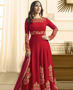 Red Raw Silk Embroidery Anarkali Suits