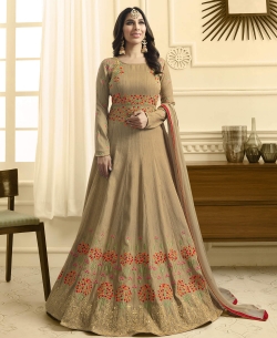 Beige Raw Silk Embroidery Anarkali Suits