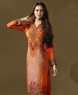 Orange Cotton Satin Printed A Line Kurtis