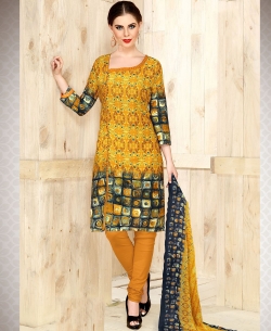 Yellow Cotton Printed Chudidhar Suits