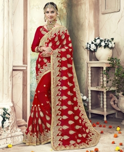 Red Faux Georgette Stone Work Designer Sarees