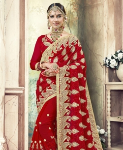 Red Faux Georgette Stone Work Designer Sarees