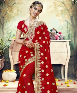 Red Faux Georgette Stone Work Designer Sarees