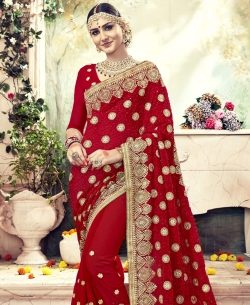 Red Faux Georgette Stone Work Designer Sarees