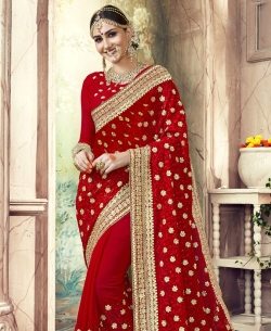 Red Faux Georgette Stone Work Designer Sarees