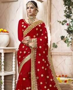 Red Faux Georgette Stone Work Designer Sarees