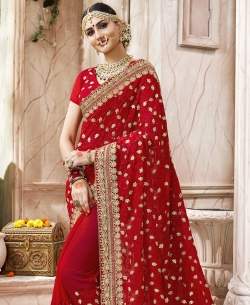 Red Faux Georgette Stone Work Designer Sarees