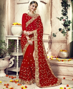 Red Faux Georgette Stone Work Designer Sarees