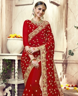 Red Faux Georgette Stone Work Designer Sarees