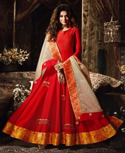Red Slub Satin Zari Work Anarkali Suits