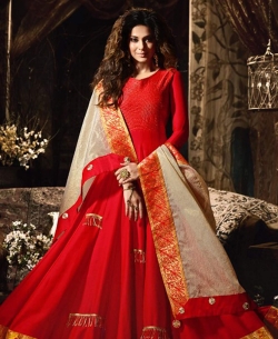 Red Slub Satin Zari Work Anarkali Suits