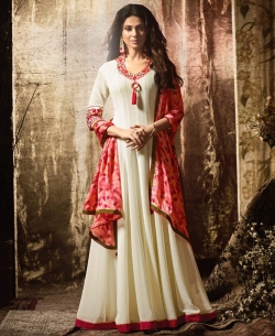 Cream Georgette Embroidered Anarkali Suits