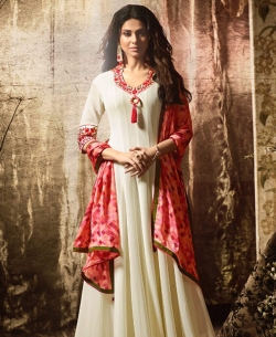 Cream Georgette Embroidered Anarkali Suits