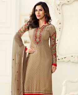 Brown Georgette Braso Zari And Thread Embroidered, Stone Work, Brasso Straight Suits