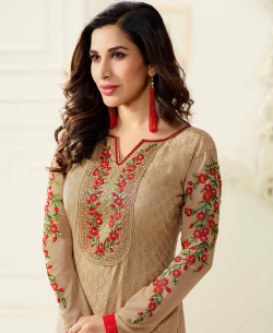 Brown Georgette Braso Zari And Thread Embroidered, Stone Work, Brasso Straight Suits