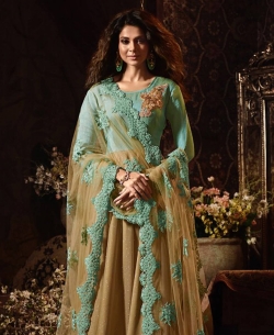 Sea Green Lycra Zari & Patch Work Anarkali Suits