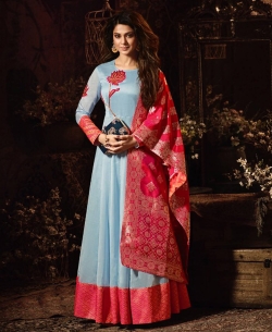 Dusty Blue Silk Chanderi Patch Work Anarkali Suits
