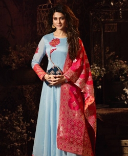 Dusty Blue Silk Chanderi Patch Work Anarkali Suits