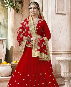 Red Faux Georgette Stone Work A Line Lehengas