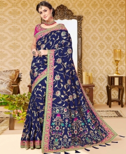 Royal Blue Uppada Silk Embroidery Designer Sarees